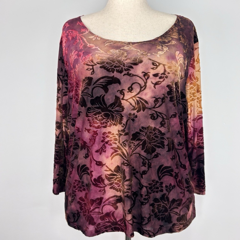 Brittany Black Top Women's 2X Purple Orange Velvet Burnout Ombre Floral Blouse